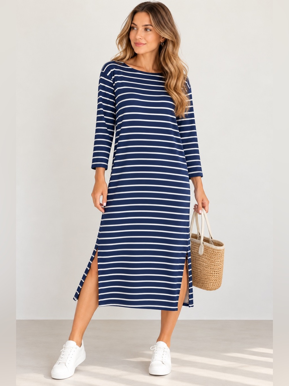 Vineyard Vines Sankaty Navy White Striped Midi Dress Long Sleeve XL